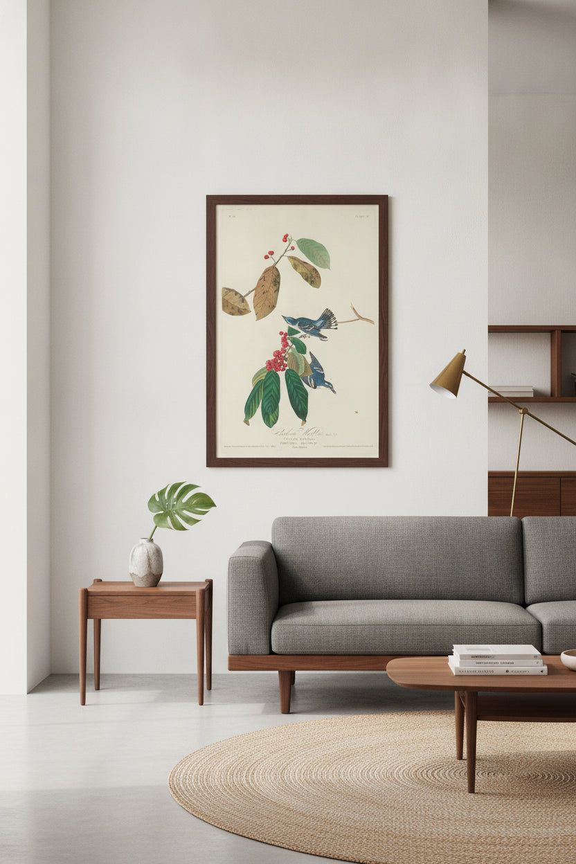 Cerulean Warbler — framed art in a styled interior