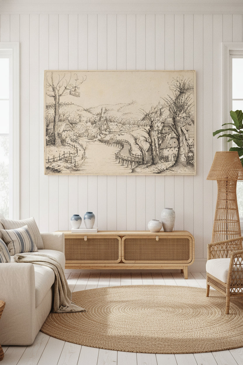 River Landscape with Wooden Bridge — framed art in a styled interior