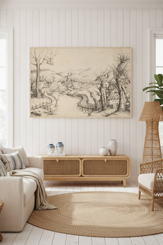River Landscape with Wooden Bridge — framed art in a styled interior