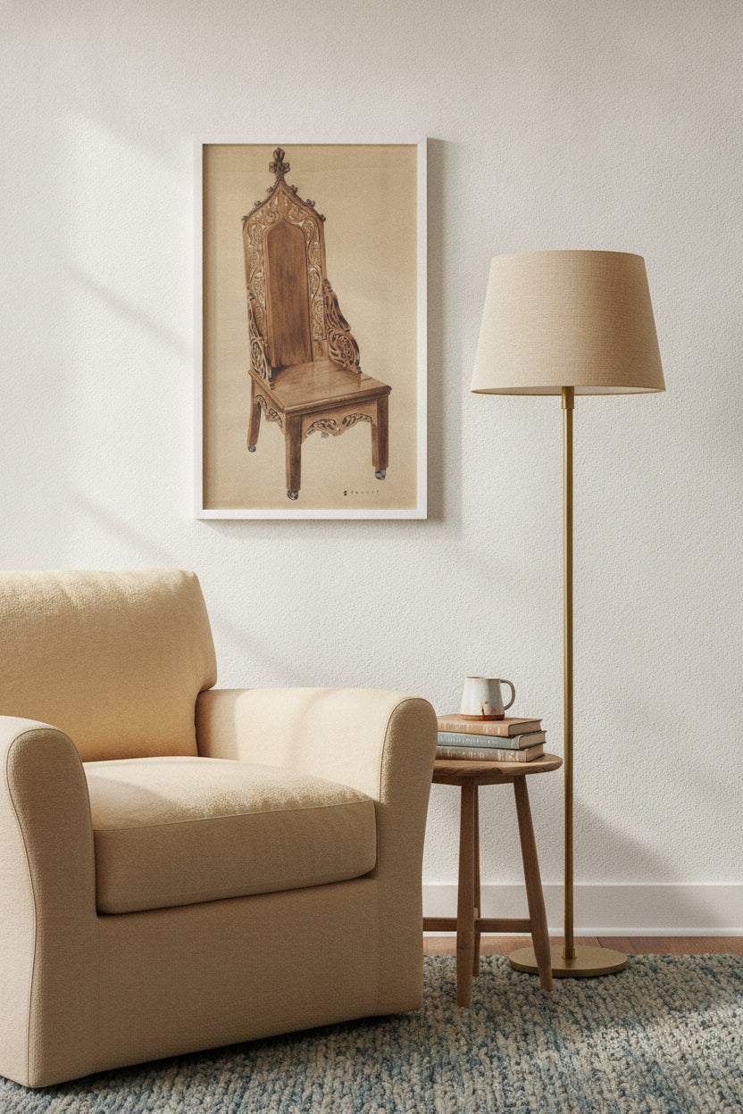 Chair with Carved Grape Leaf Decoration and Gothic Top — framed art in a styled interior