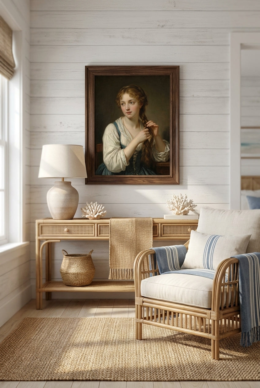 A Girl with a Flower in Her Hair — framed art in a styled interior