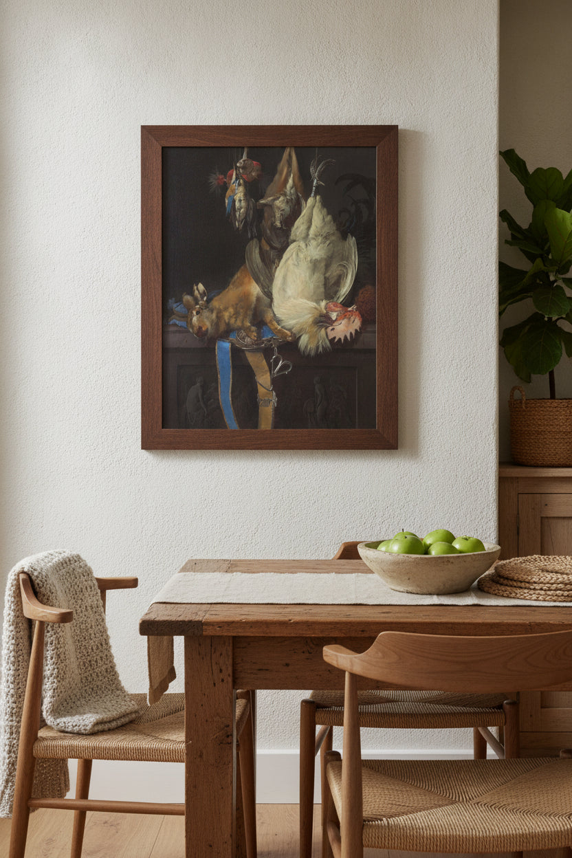 Still Life with Dead Game — framed art in a styled interior