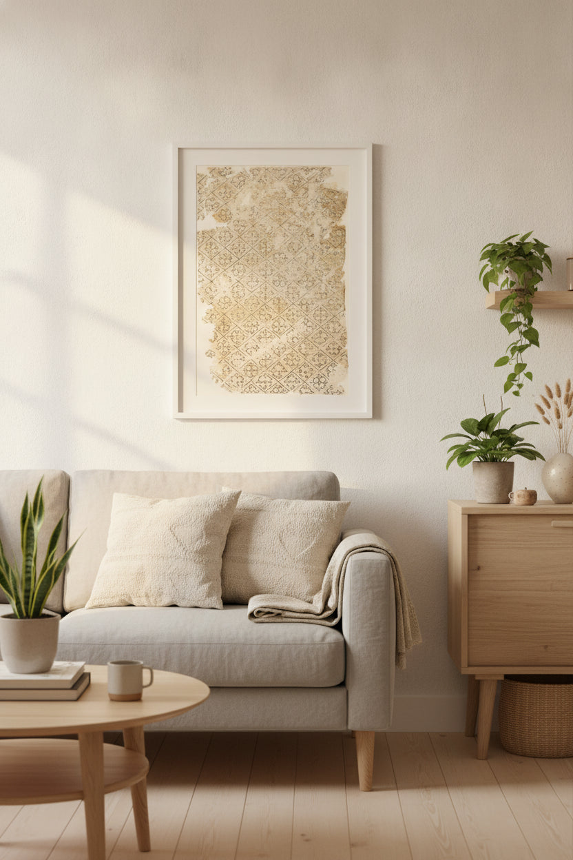 Sheet with Flower and Diamond Pattern — framed art in a styled interior