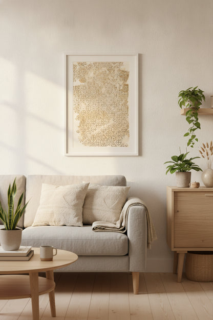 Sheet with Flower and Diamond Pattern — framed art in a styled interior