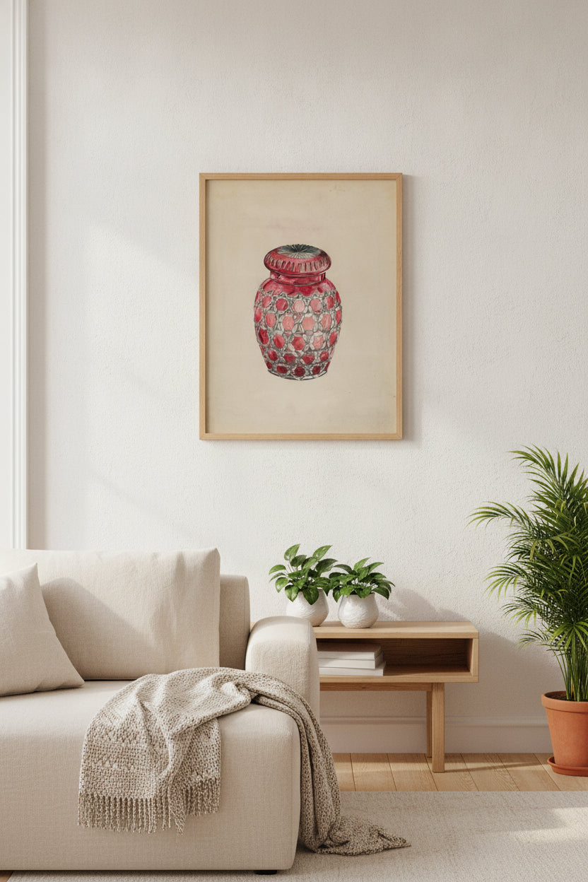 Ruby Case Glass Rose Jar — framed art in a styled interior