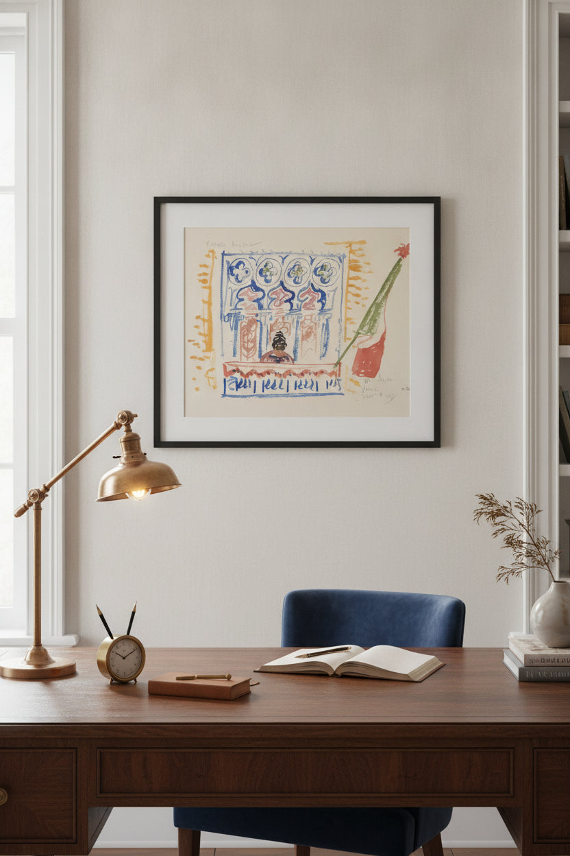 Drawing from Venice to Edith Rosenwald — framed art in a styled interior