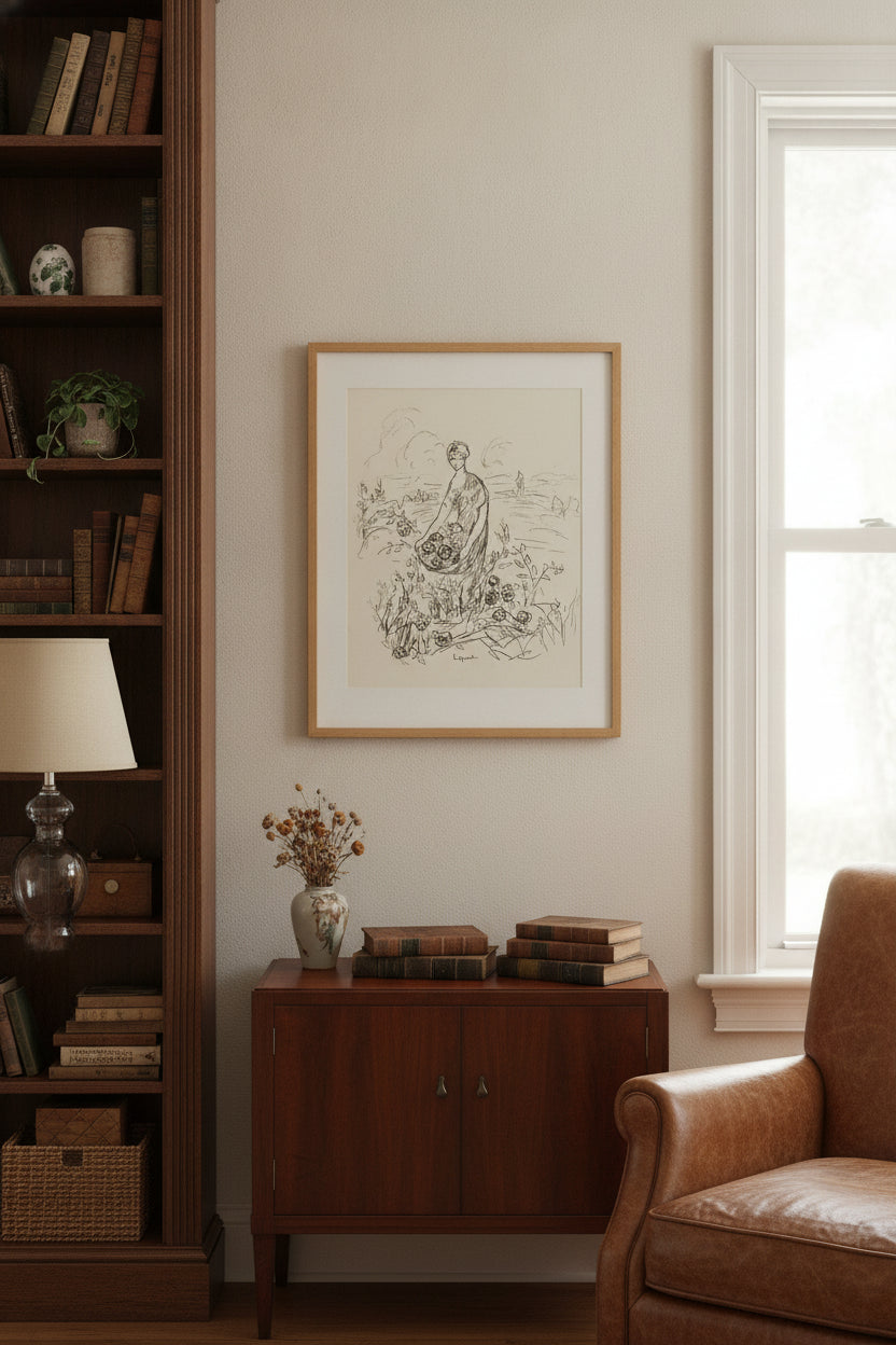 Woman Holding a Basket of Flowers — framed art in a styled interior