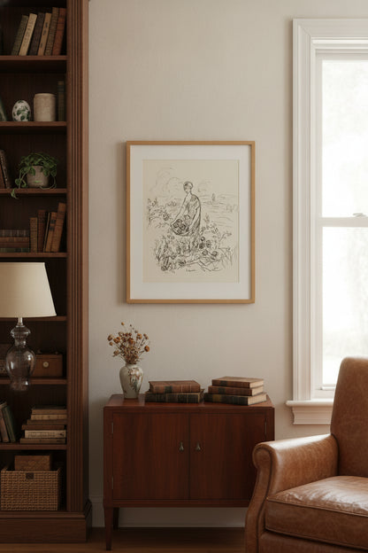 Woman Holding a Basket of Flowers — framed art in a styled interior