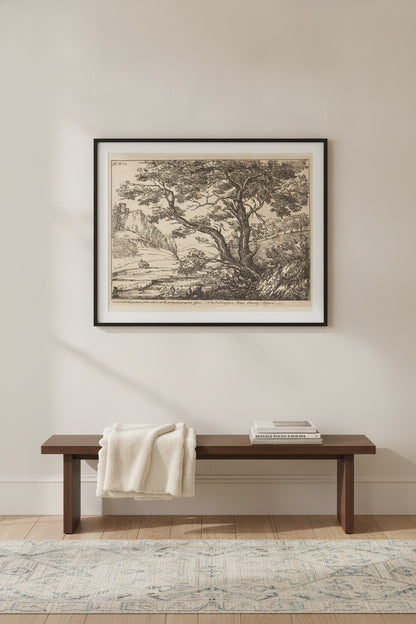 Landscape with Large Tree, Castle on Left — framed art in a styled interior
