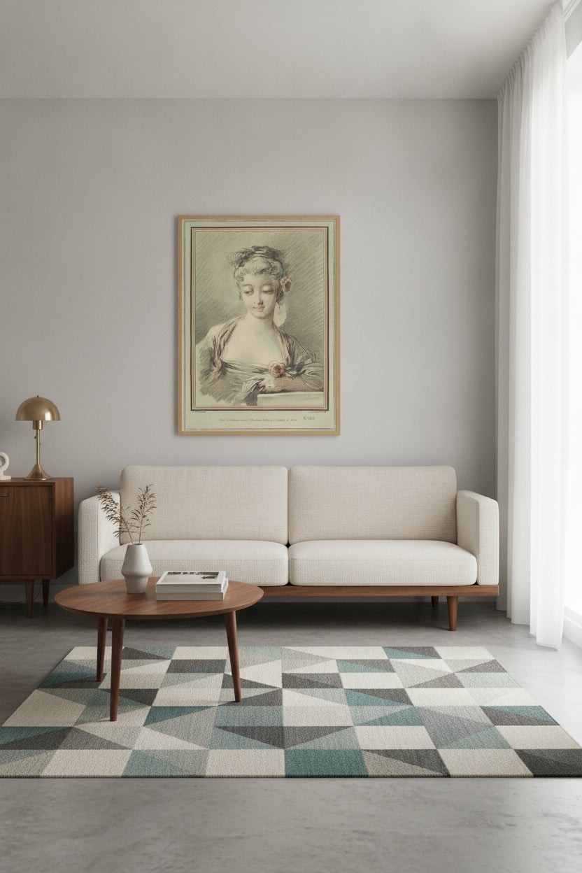 Young Woman with a Rose — framed art in a styled interior