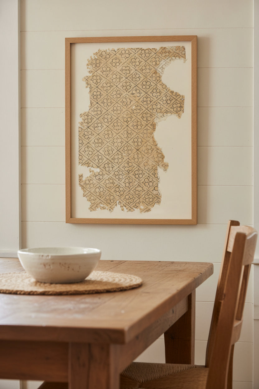 Sheet with Flower and Diamond Pattern — framed art in a styled interior