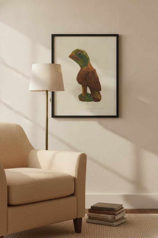 Pa. German Carved Bird — framed art in a styled interior