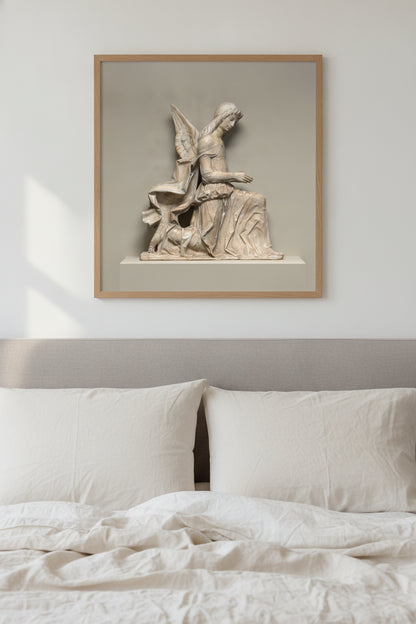 Kneeling Angel — framed art in a styled interior