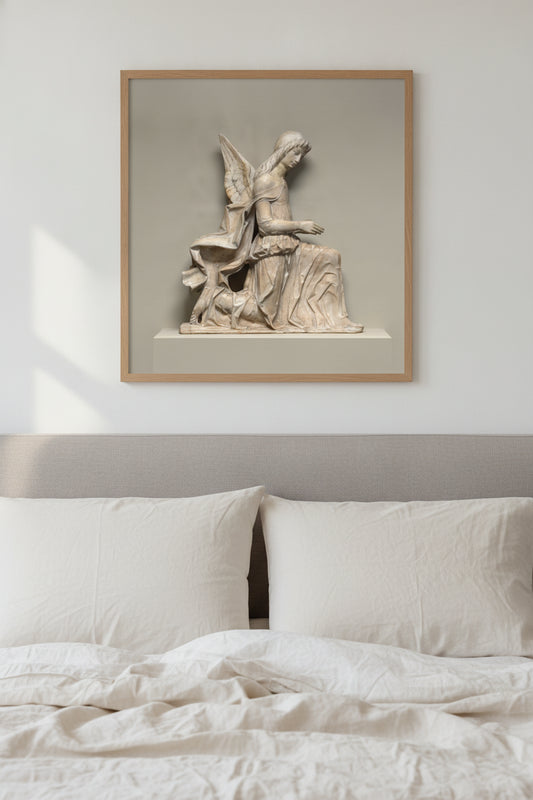Kneeling Angel — framed art in a styled interior