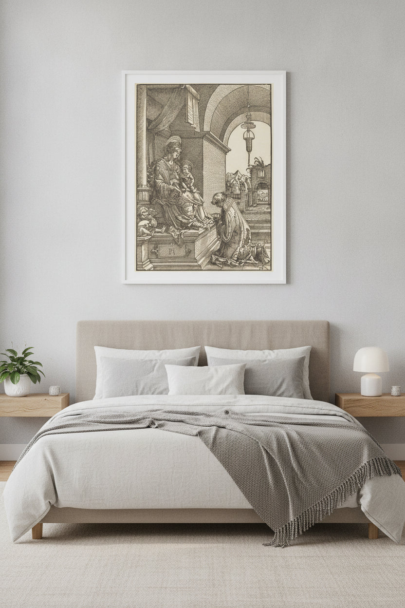 A Cleric Kneeling before the Virgin and the Christ Child — framed art in a styled interior