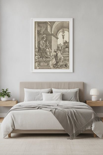 A Cleric Kneeling before the Virgin and the Christ Child — framed art in a styled interior