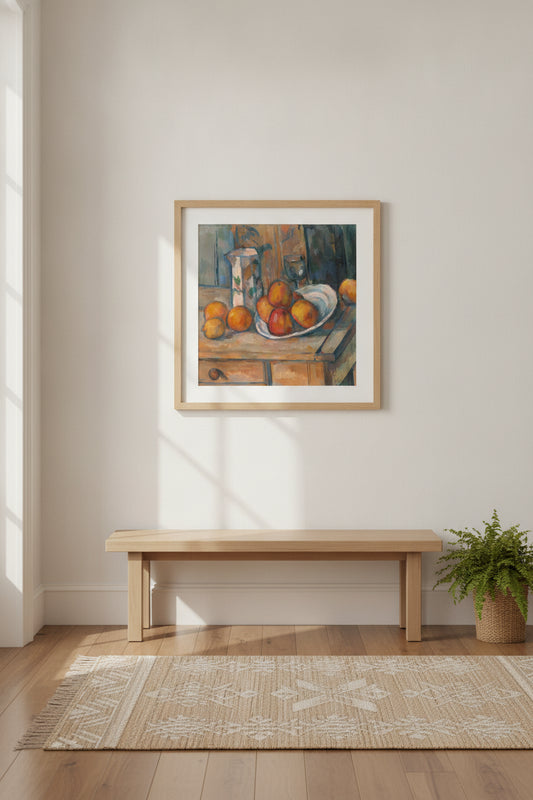 Still Life with Milk Jug and Fruit — framed art in a styled interior