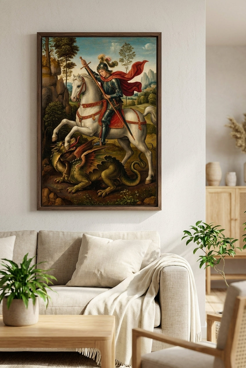 Saint George and the Dragon — framed art in a styled interior