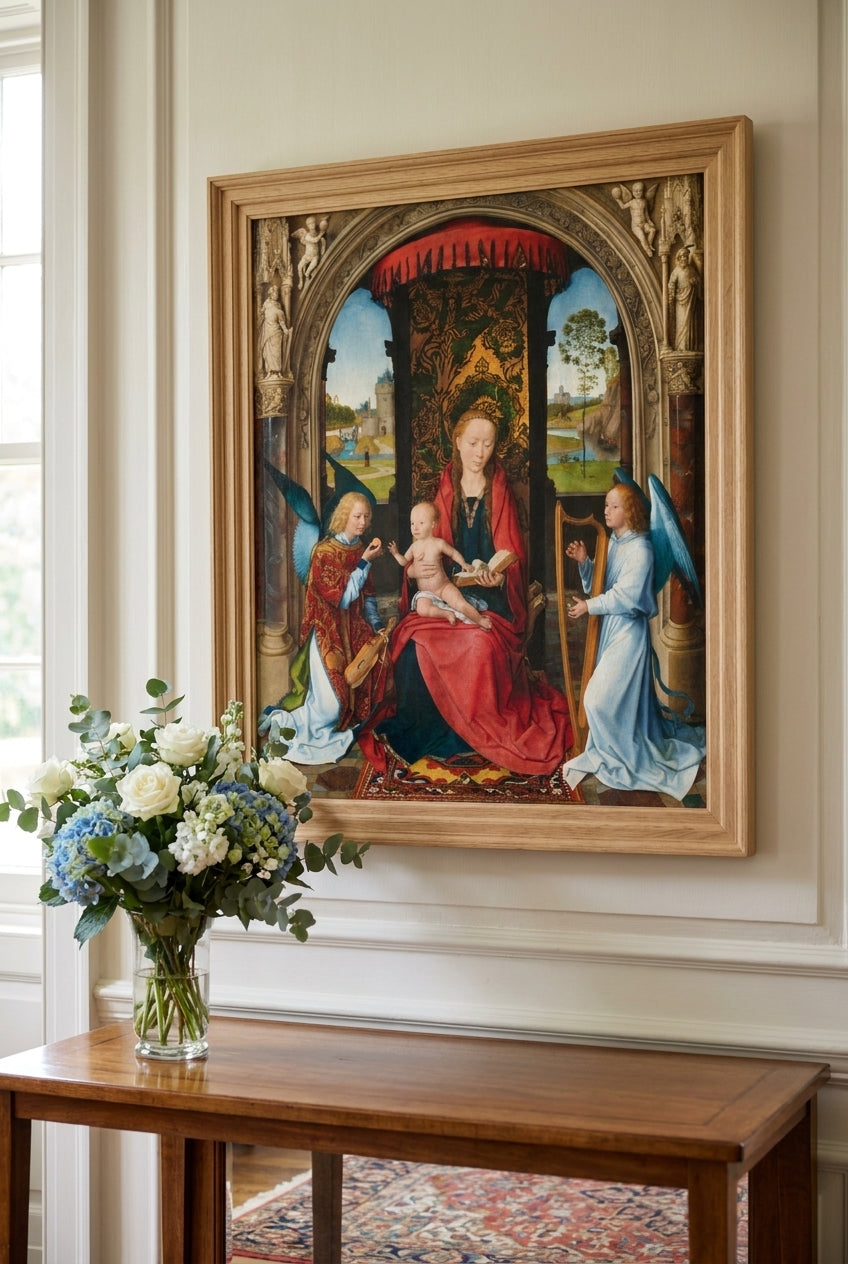Madonna and Child with Angels — framed art in a styled interior