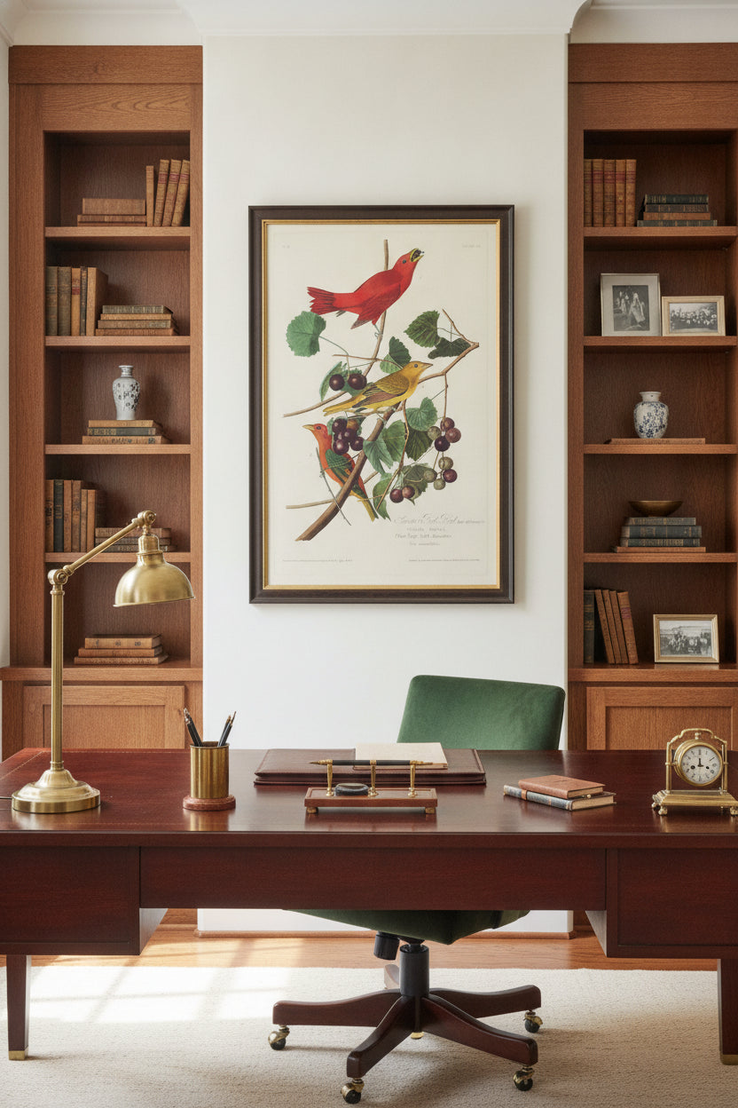 Summer Red Bird — framed art in a styled interior
