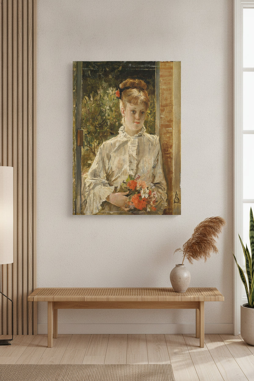 Young Woman in White Holding a Bouquet — framed art in a styled interior