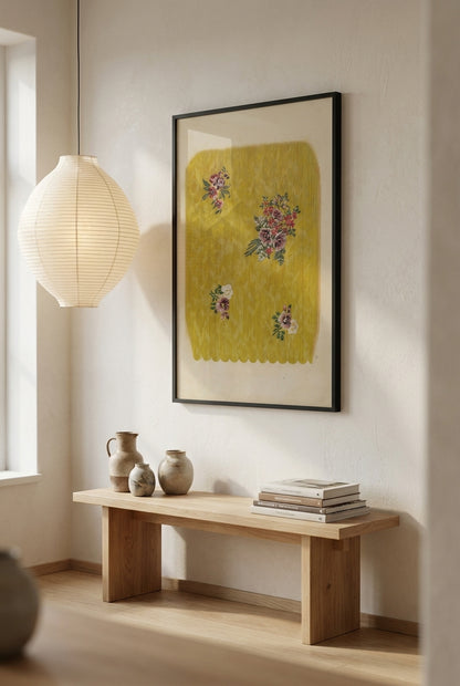 Silk with Embroidered Flowers — framed art in a styled interior