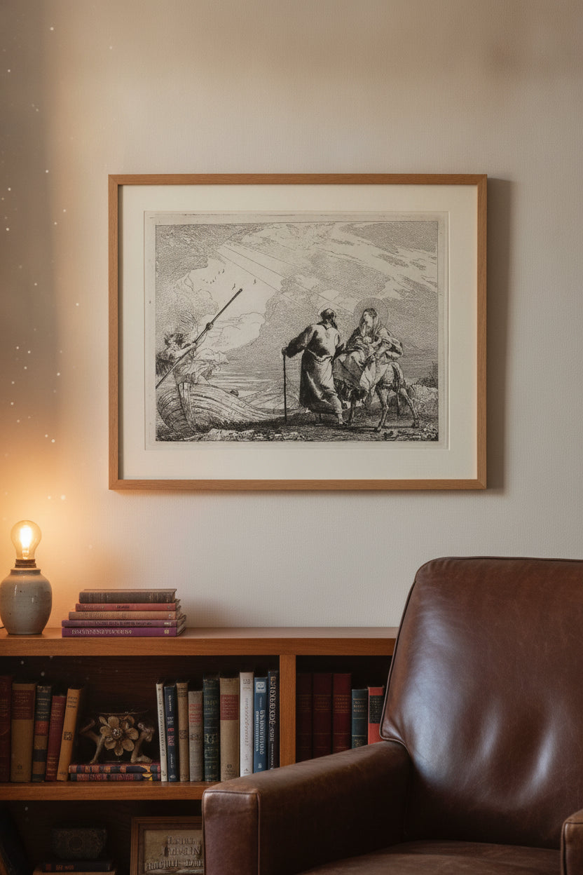 The Holy Family at the Bank of the River — framed art in a styled interior
