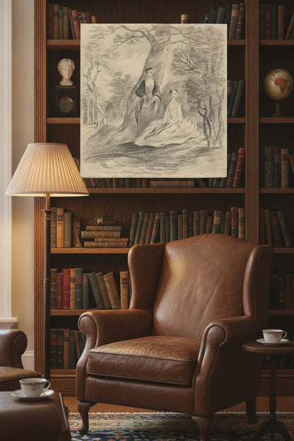 Two Girls in a Landscape — framed art in a styled interior