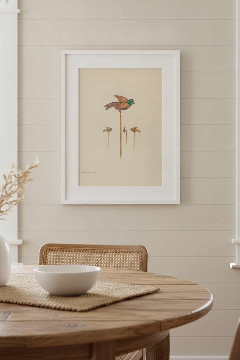 Bird Stick Pin — framed art in a styled interior