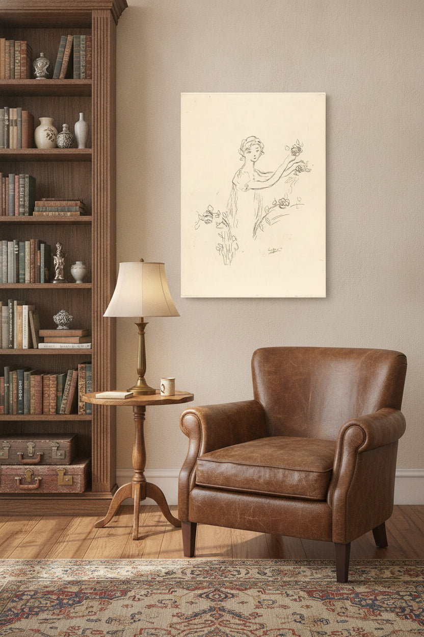 Woman with Flowers in Her Hands — framed art in a styled interior