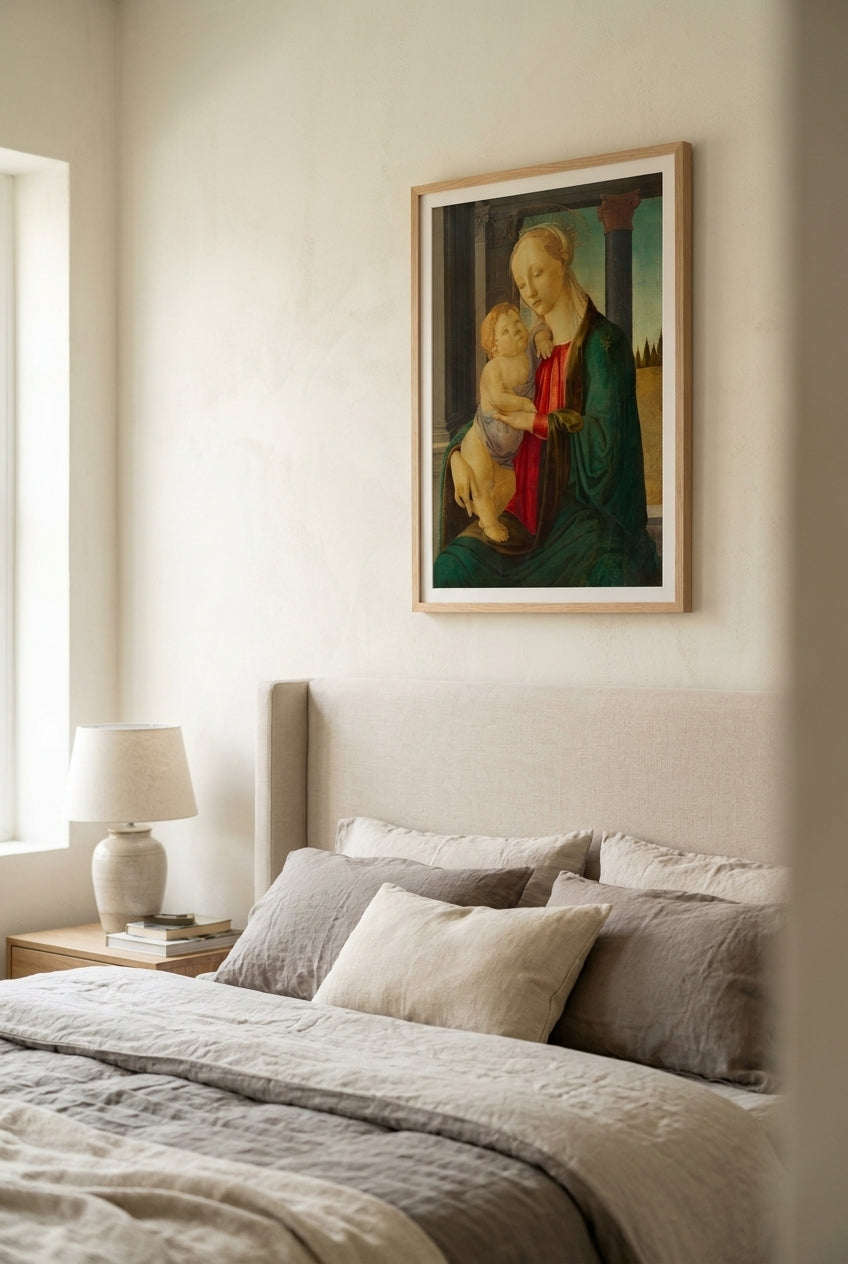 Madonna and Child — framed art in a styled interior