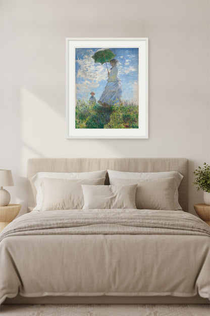 Woman with a Parasol - Madame Monet and Her Son — framed art in a styled interior