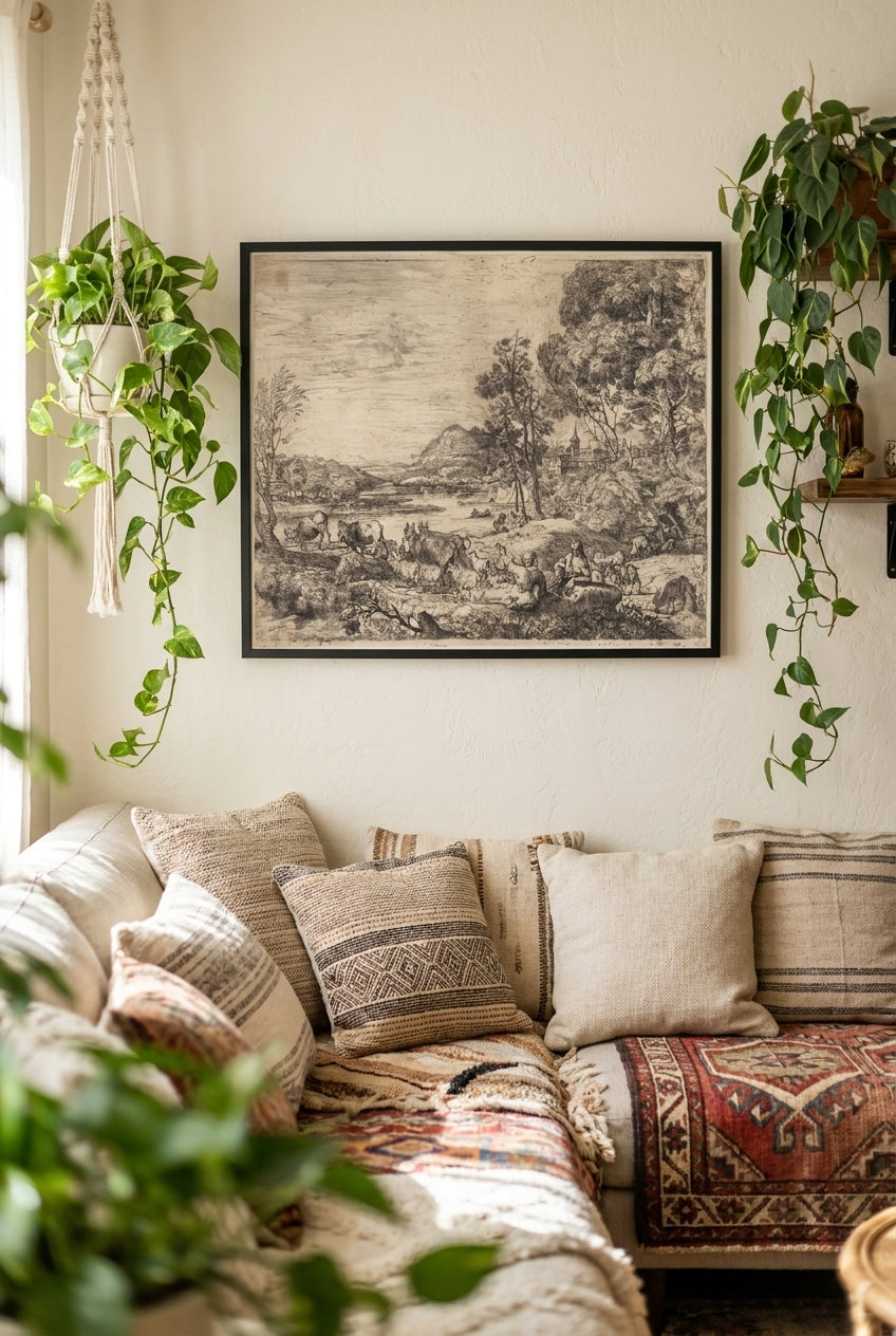 Shepherd and Shepherdess Conversing in a Landscape (Berger et bergère conversant) — framed art in a styled interior