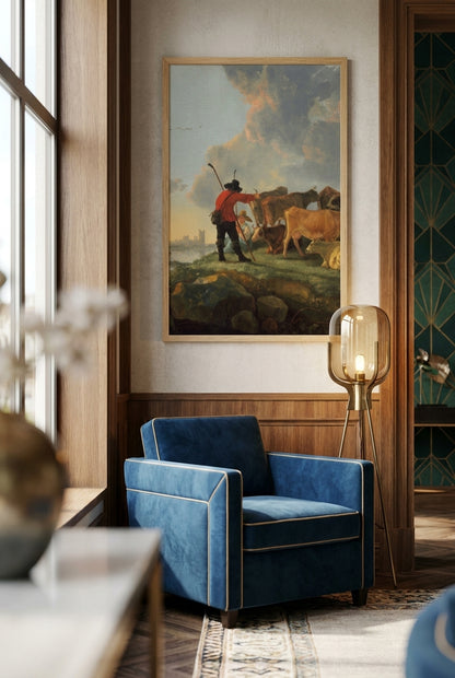 Herdsmen Tending Cattle — framed art in a styled interior
