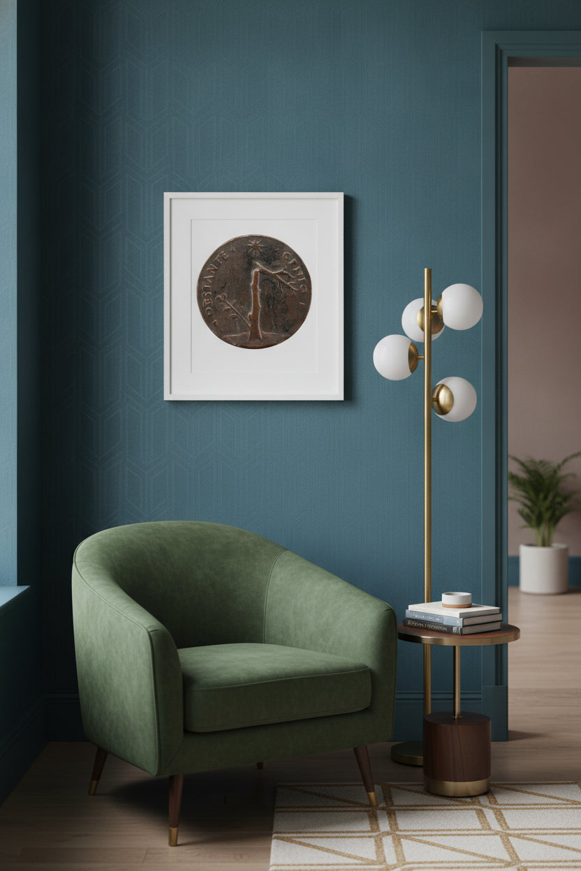 Broken Laurel Tree with Leafy Branch [reverse] — framed art in a styled interior