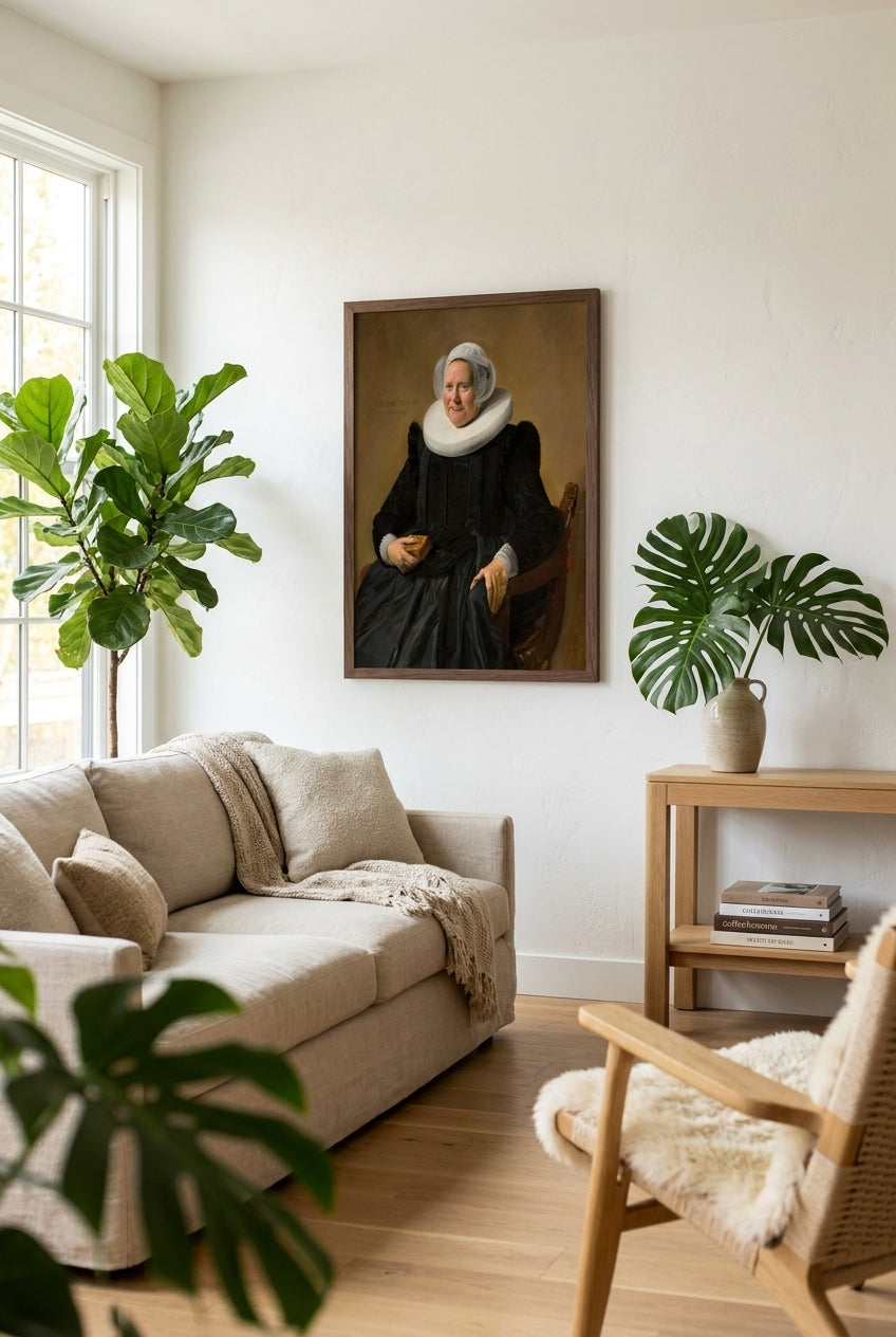Portrait of a Woman Aged Sixty — framed art in a styled interior