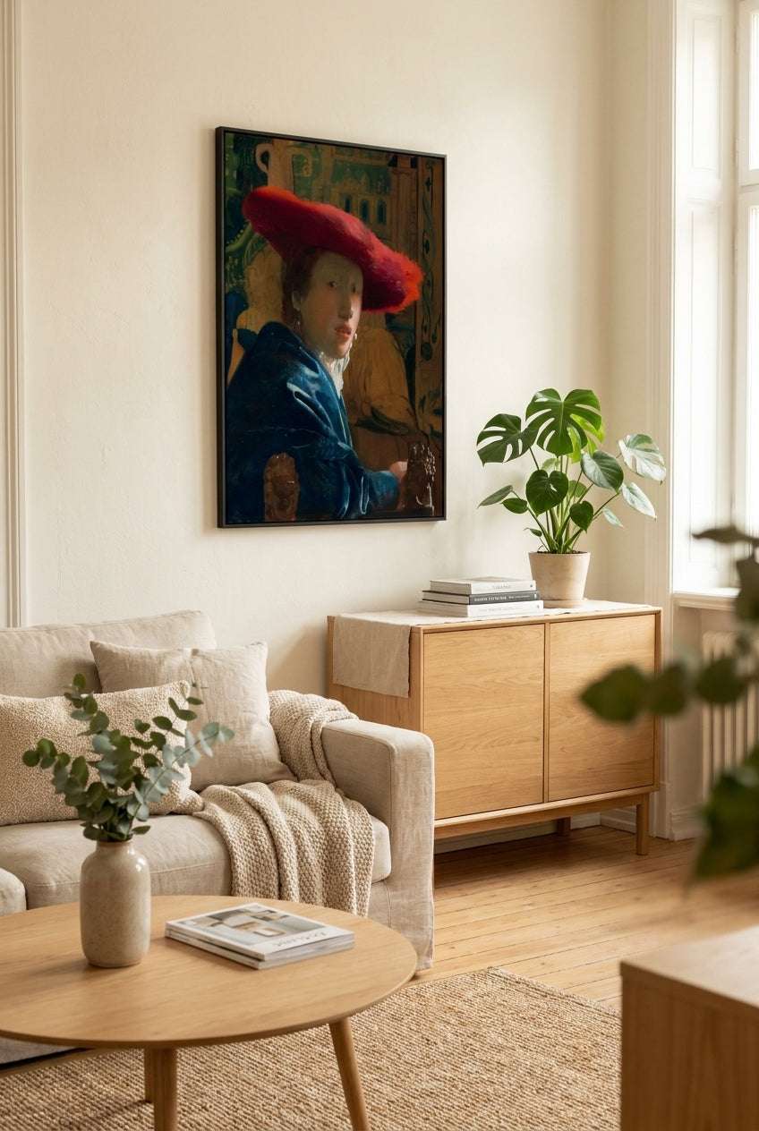 Girl with the Red Hat — framed art in a styled interior