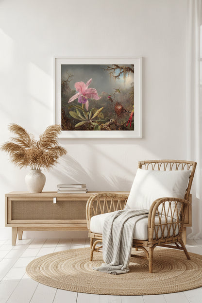 Cattleya Orchid and Three Hummingbirds — framed art in a styled interior