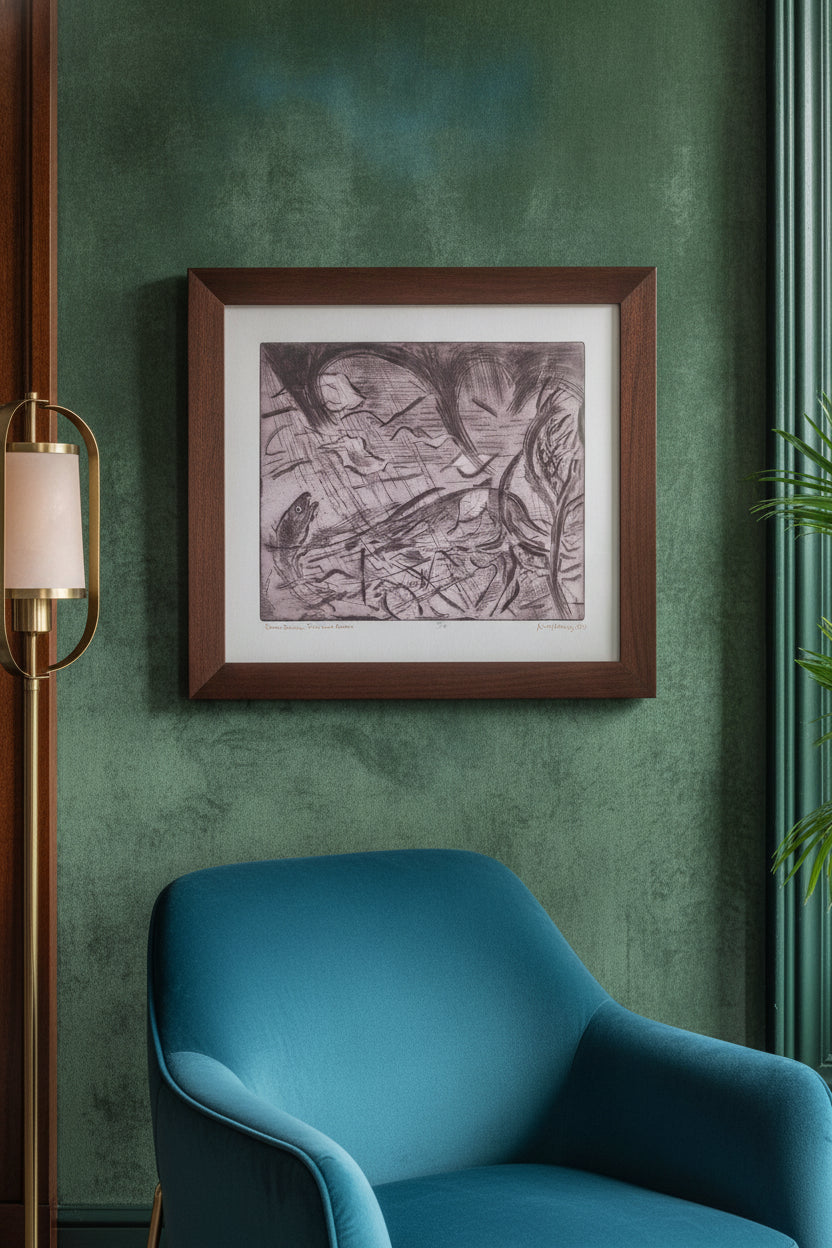 Storm Dance - Fish and Leaves — framed art in a styled interior
