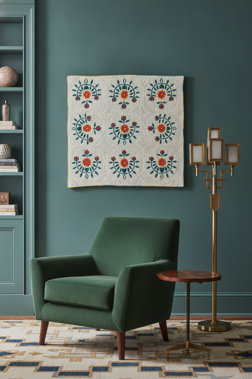 Cotton Quilt - Tulip Design — framed art in a styled interior