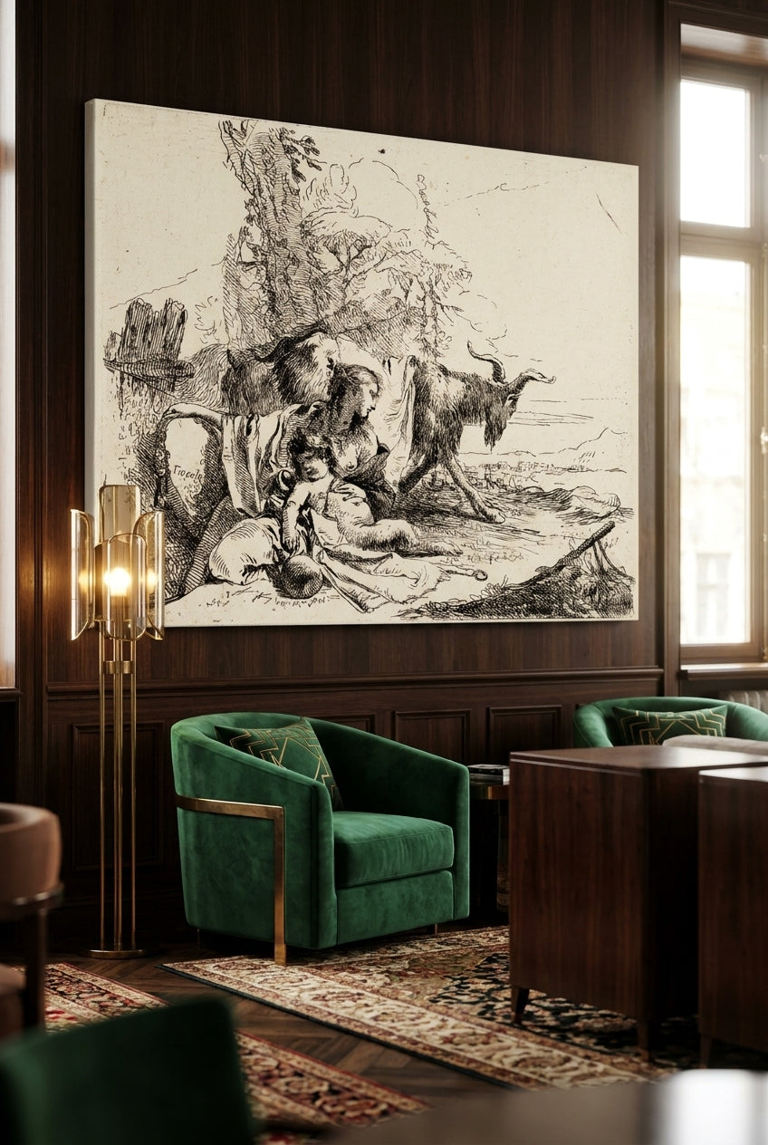 Woman, Satyr Child, and Goat in a Landscape — framed art in a styled interior