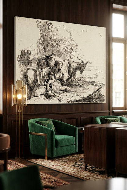 Woman, Satyr Child, and Goat in a Landscape — framed art in a styled interior