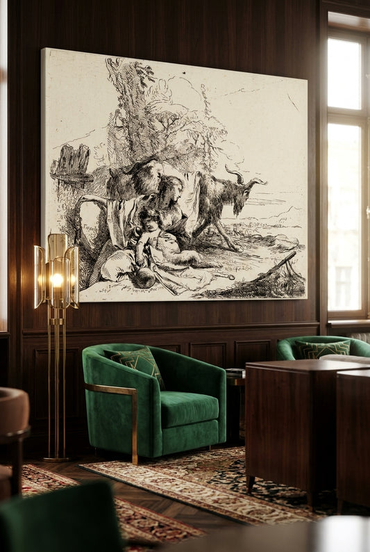Woman, Satyr Child, and Goat in a Landscape — framed art in a styled interior
