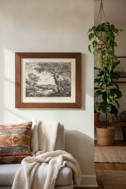 Landscape with Two Cows — framed art in a styled interior