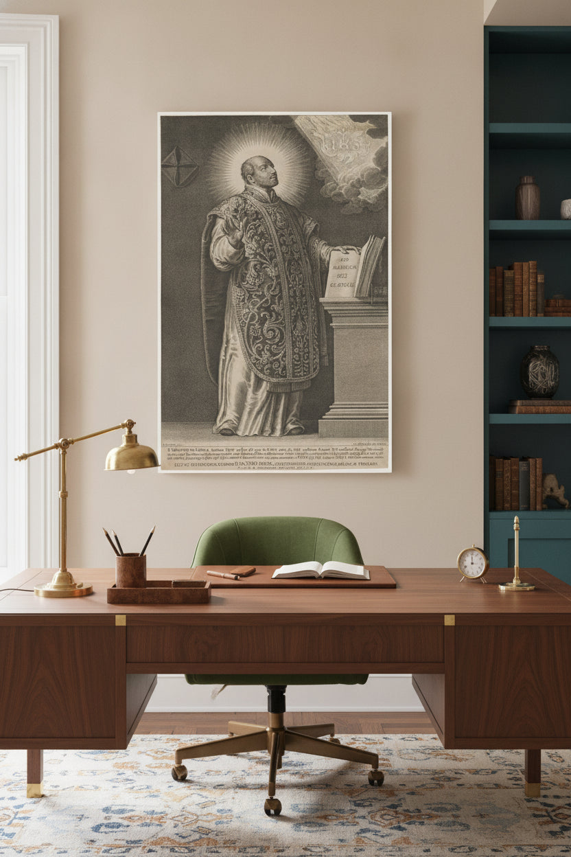 Saint Ignatius de Loyola — framed art in a styled interior