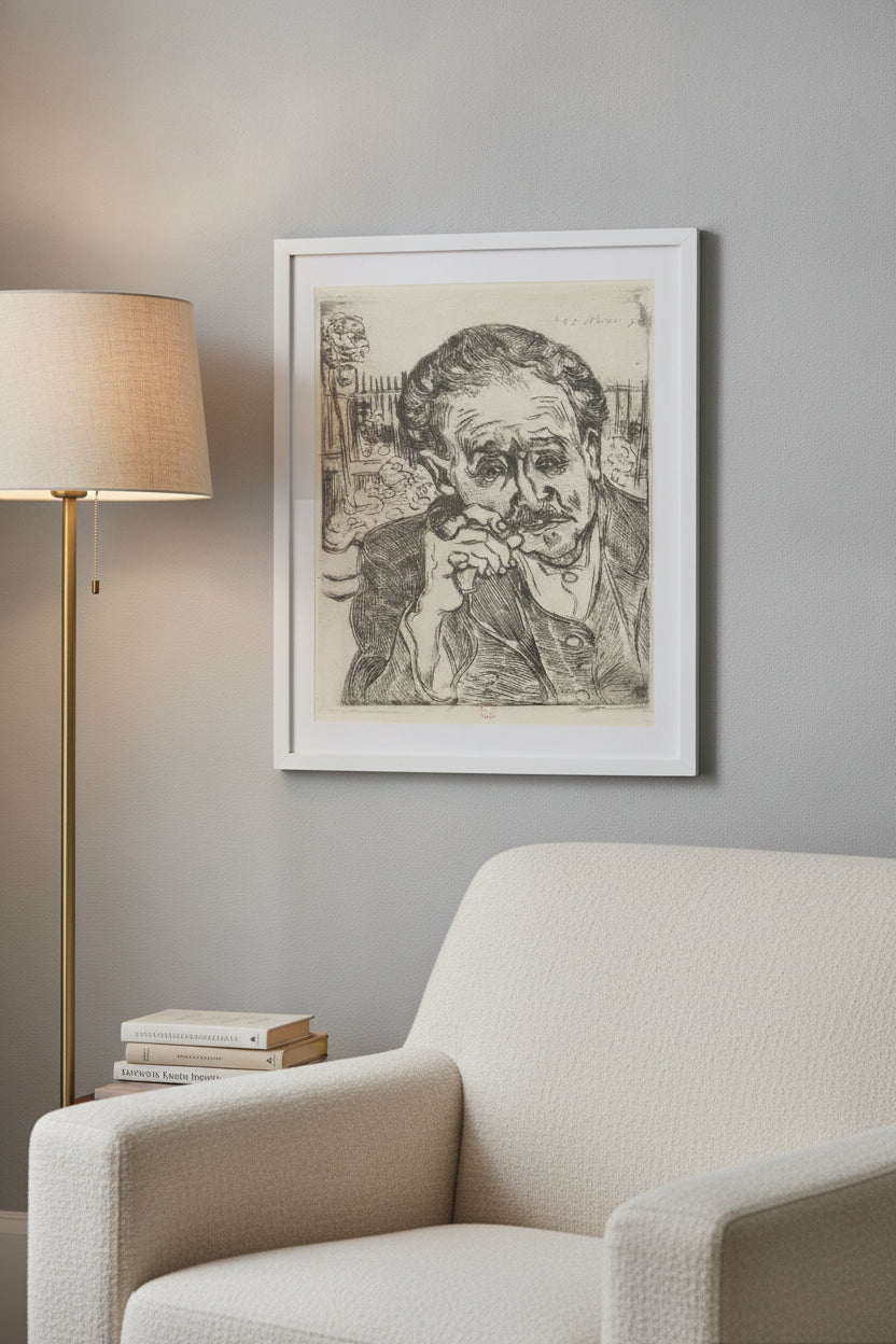 Dr. Gachet (Man with a Pipe) — framed art in a styled interior