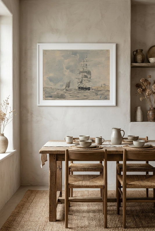 Seascape with Sailing Vessel — framed art in a styled interior