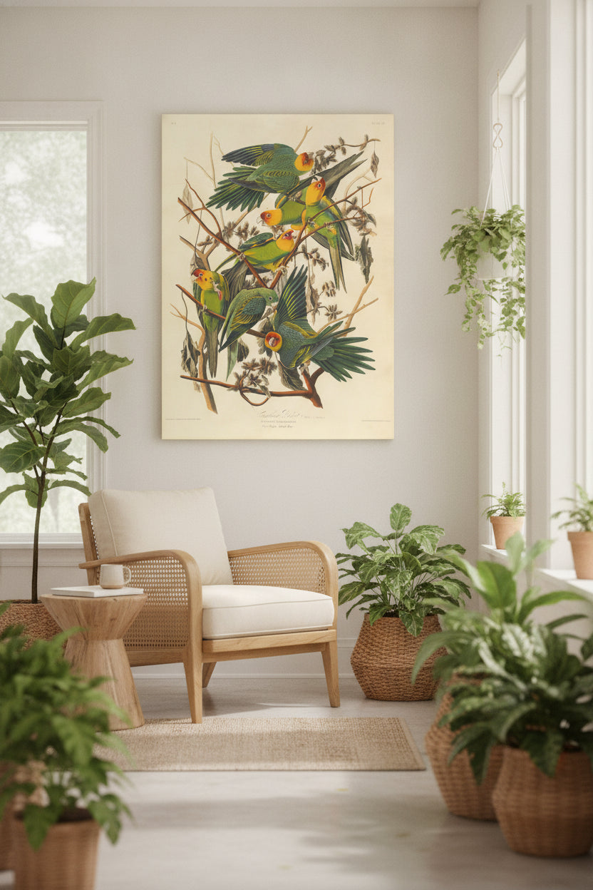Carolina Parrot — framed art in a styled interior