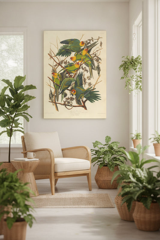 Carolina Parrot — framed art in a styled interior
