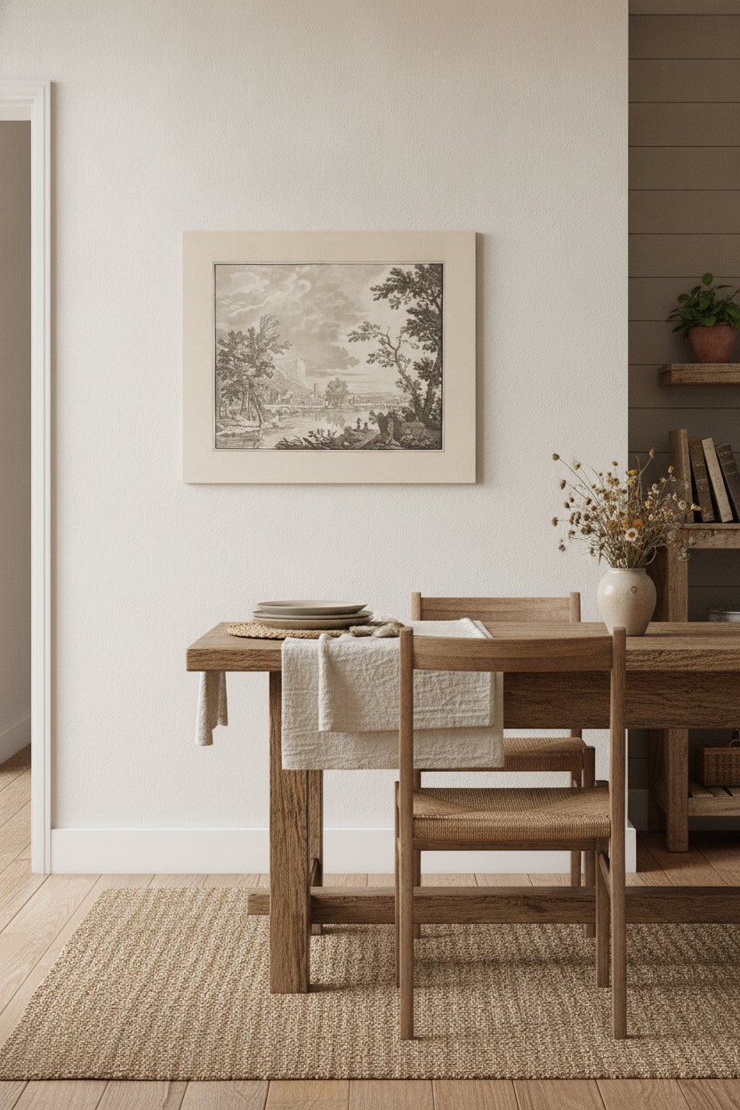 Landscape with River and Town — framed art in a styled interior